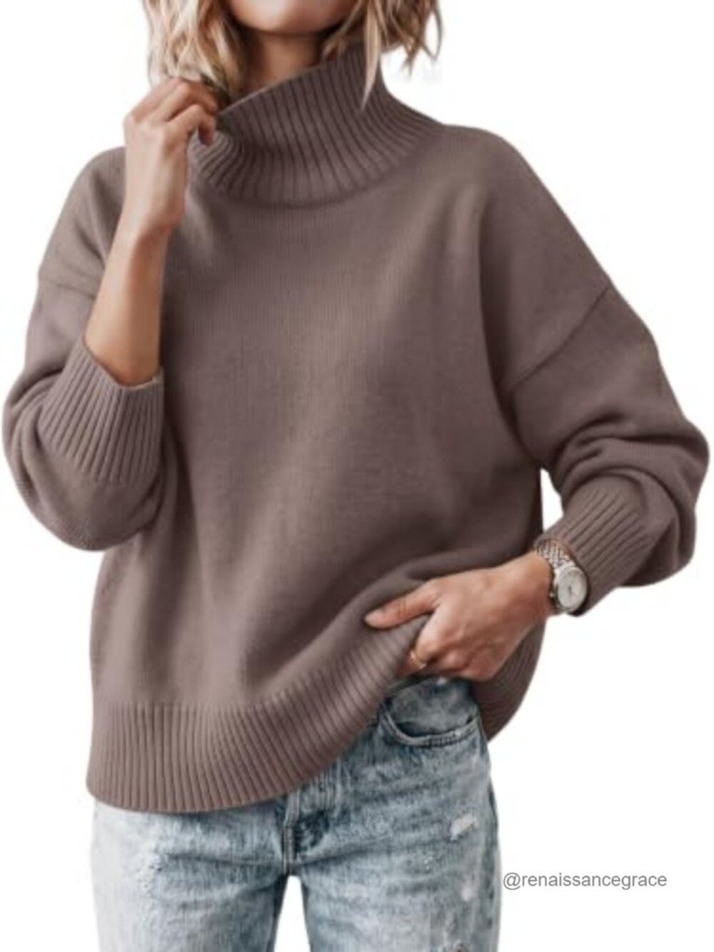 Oversized Turtleneck Ribbed Knit Sweater Loose Drop Shoulder Pullover